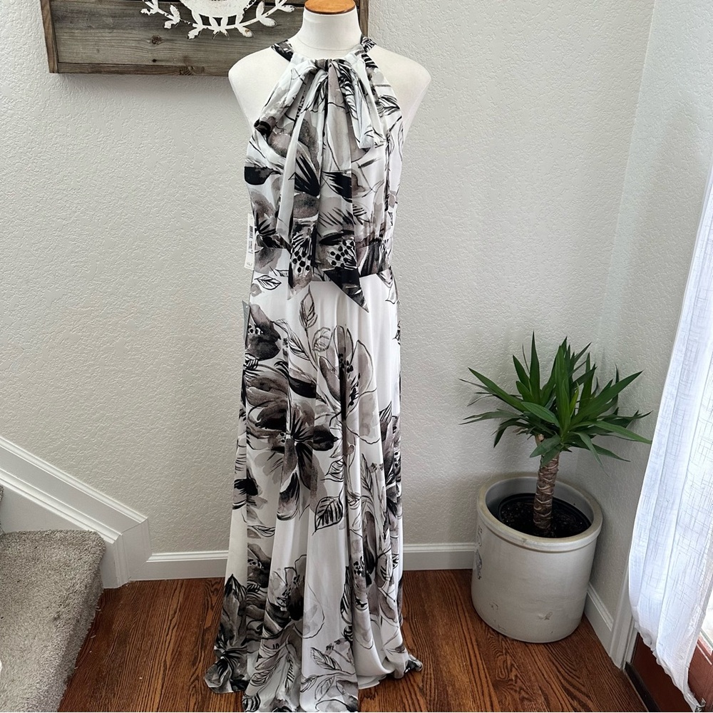 Eliza J halter gray white floral maxi formal prom dress size‎ 12 NWT